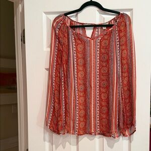 Lucky Brand Red Striped Medallion Peasant Blouse